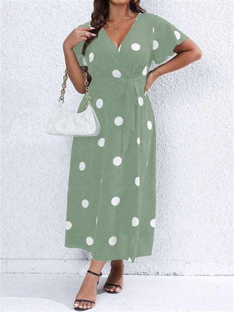 Shein Frenchy Plus Polka Dot Print Butterfly Sleeve Belted Dress