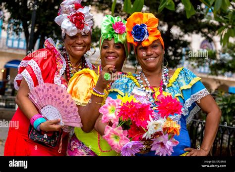 Three Cuban Women In Colorful Spanish Inspired Costumes Havana Cuba