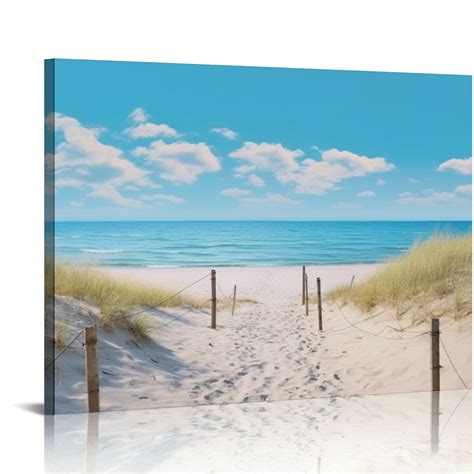 COMIO Beach Scene Bathroom Wall Art Beach Path Artwork Framed Blue Sea