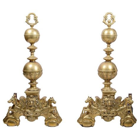 Large Pair Of 19th Century Classical Brass Andirons Or Firedogs For