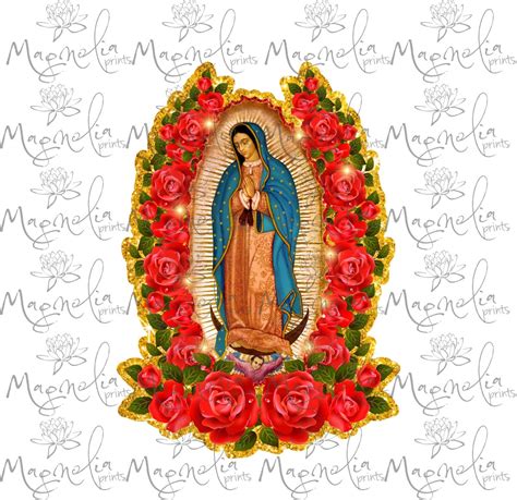 Digital Art Virgen De Guadalupe Roses Glitter Red Spanish Etsy