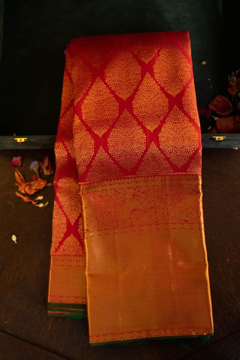 Red Kanchipuram Silk Bridal Saree With Gold Long Border