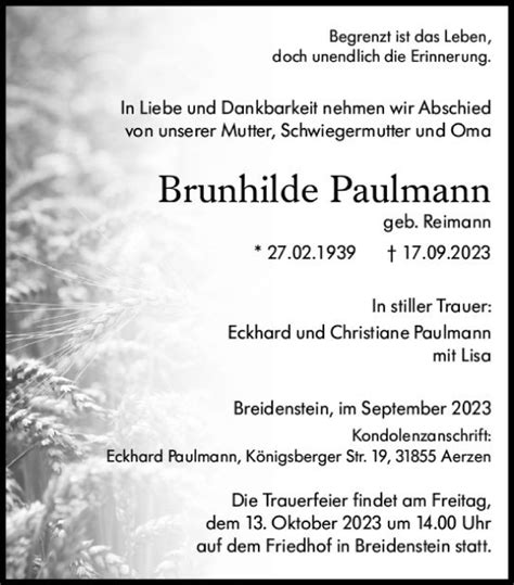 Traueranzeigen Von Brunhilde Paulmann Vrm Trauer De