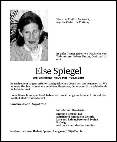 Todesanzeigen Von Else Spiegel Todesanzeigen Vorarlberger Nachrichten