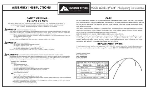 Ozark Trail W7851 Assembly Instructions Pdf Download Manualslib