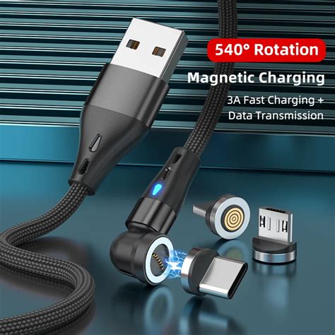 540 Rotate Magnetic Cable 3a Fast Charging Micro Usb Type C Cable For