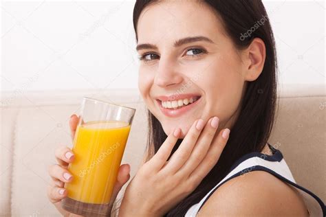 Woman Drinking Orange Juice Beautiful Mixed Race Asian Caucasian Model