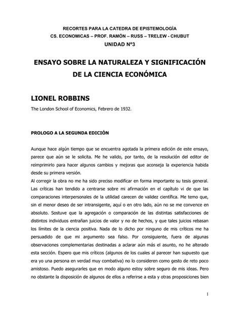 Ensayo Sobre La Naturaleza Y Significaci N De Las