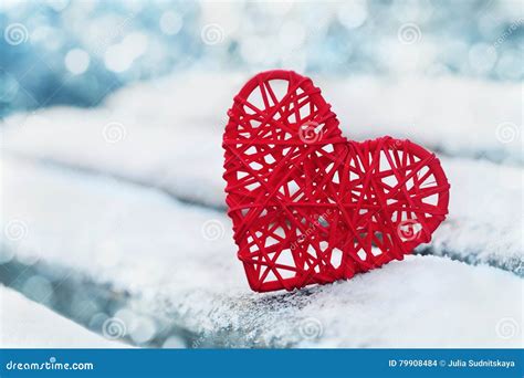 Red Heart In Snow With Bokeh Background Valentines Day Card Love