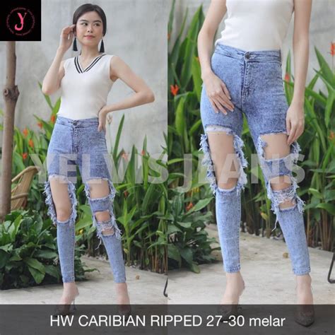 Jual Celana Jeans Wanita Hw Caribian Ripped Sobek Highwaist Skinny