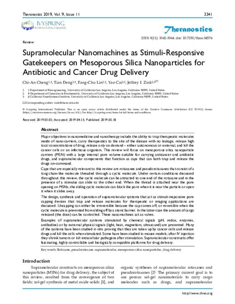 Pdf Supramolecular Nanomachines As Stimuli Responsive Gatekeepers On Mesoporous Silica