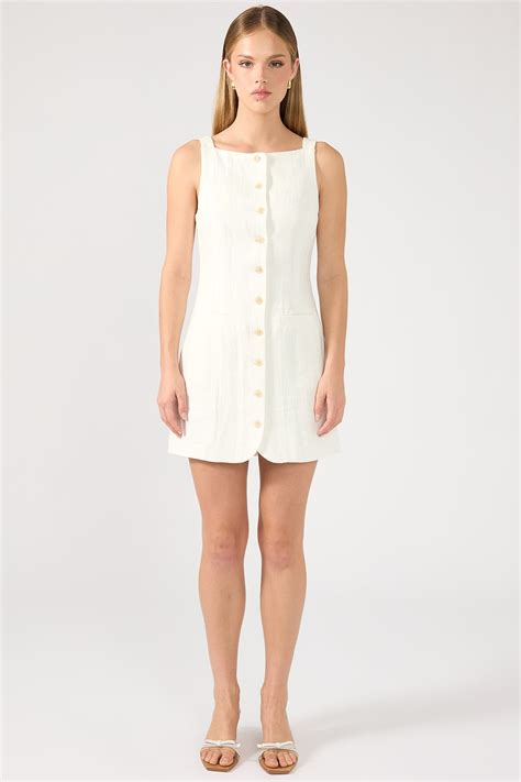 Perfect Stranger High Neck Button Up Linen Mini Dress White