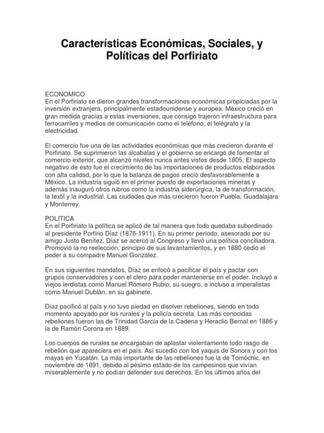 Características Económicas Politicas Y Sociales Del Porfiriato Pdf