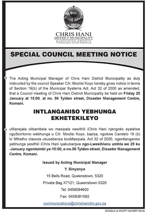 Special Council Meeting Notice Chris Hani District Municipality