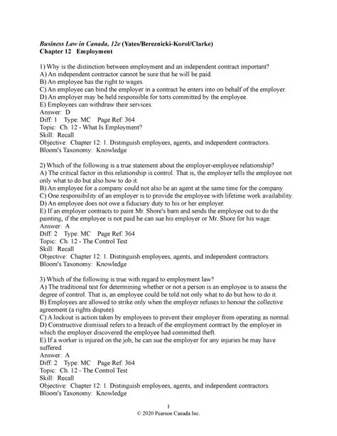 Test Bank Answers Chapter 12 Business Law In Canada 12e Yates