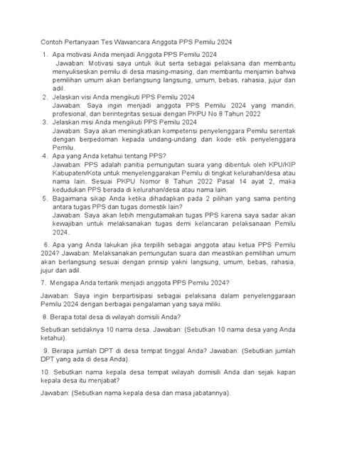 Contoh Pertanyaan Tes Wawancara Anggota Pps Pemilu 2024 Docx Pdf