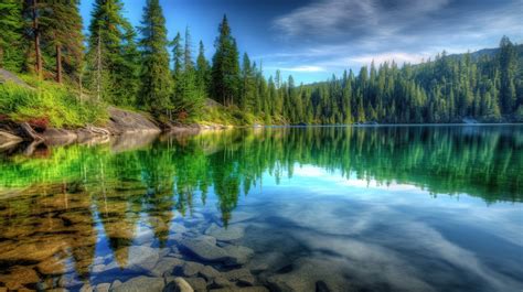 Lake With Pine Trees And Green Reflection Background Pretty Lake