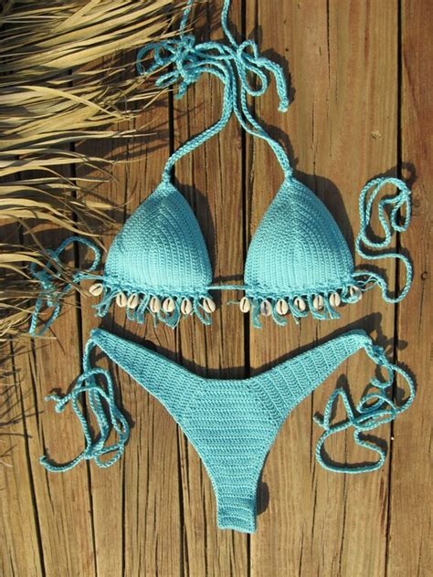 Geh Kelter Bikini Set Aqua Blue Mit Kauri Muscheln Bikini Etsy