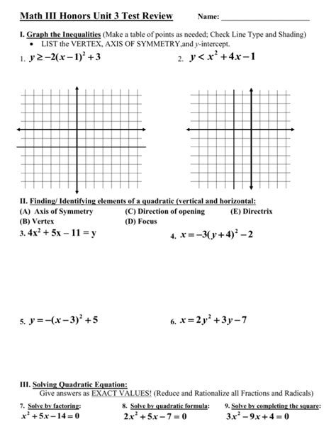 Honors Algebra 2 Unit 3 Test Review