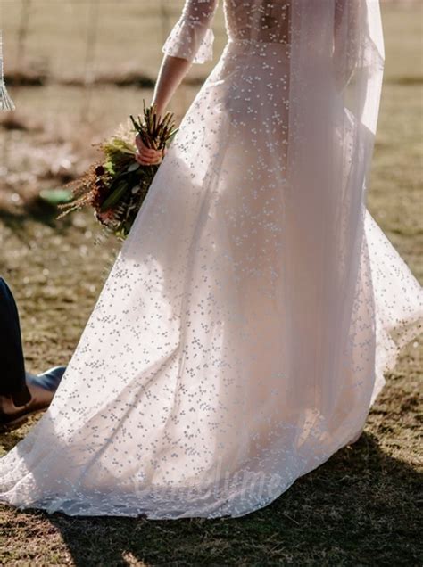 Destination Nude Wedding Dresses With Flounced Sleeves Comelyme
