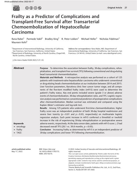 Pdf Frailty As A Predictor Of Complications And Transplant Free Survival After Transarterial