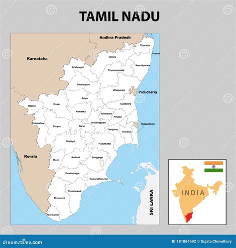 Tamil Nadu Map. District Ways Map Of Tamil Nadu With Name. Vector ...