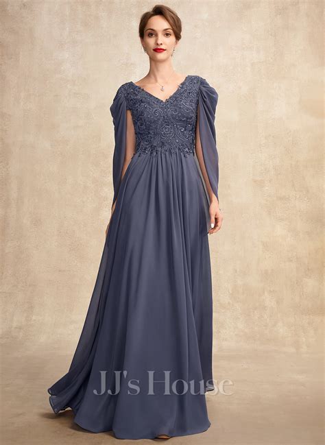 A Line V Neck Floor Length Chiffon Lace Mother Of The Bride Dress With