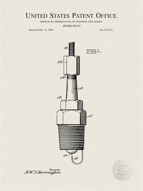 Spark Plug | 1909 Engine Component Patent Print
