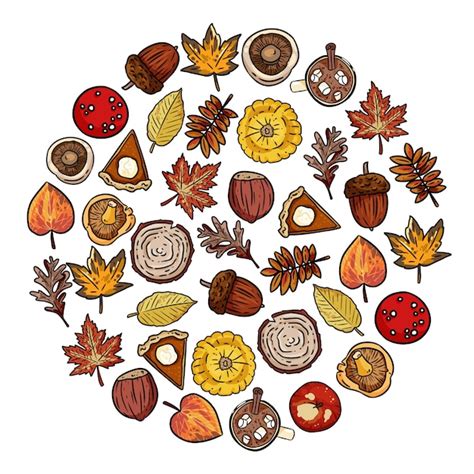 Premium Vector Set Of Cute Autumn Elements Doodles In A Round Composition