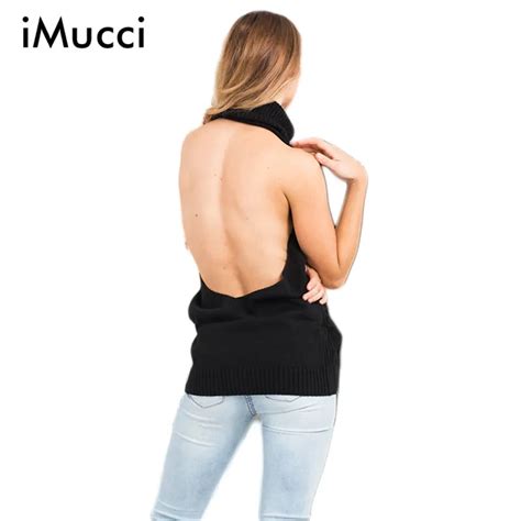 Backless Sleeveless Sexy Women Sweaters And Pullovers Turtleneck Halter