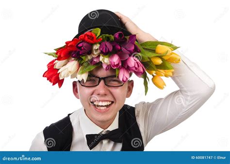 Smiling Gentleman With Flowers Isolated On White Stock Image Image Of