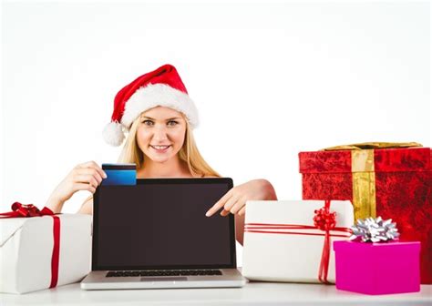 Premium Photo Festive Blonde Shopping Online With Laptop