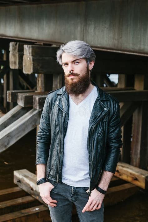 Bearded Hipster With Nose Ring In Leather Jacket Stock Photo Image Of