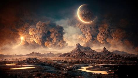 Post Apocalyptic Desert With Puddles Against Mountains Premium Ai