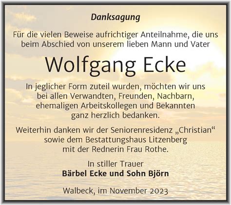 Traueranzeigen Von Wolfgang Ecke Abschied Nehmen De