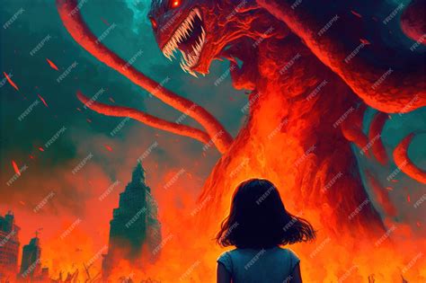 Premium Photo Girl Fighting With The Giant Monster Scifi Scene Of A