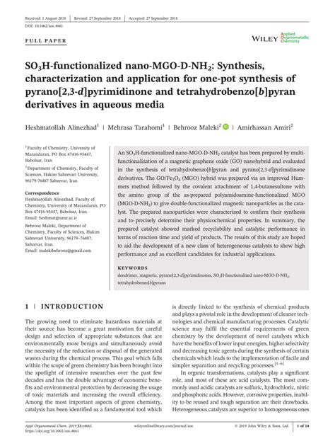 SO3Hfunctionalized NanoMGODNH2 Synthesis Characterization And