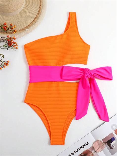 SHEIN Swim Chicsea Bañador una pieza de color combinado de un hombro