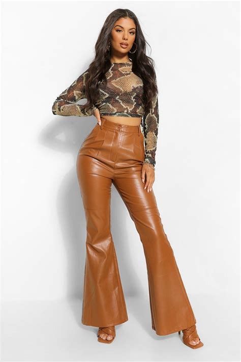 High Waist Faux Leather Flare High Waisted Leather Trousers Brown