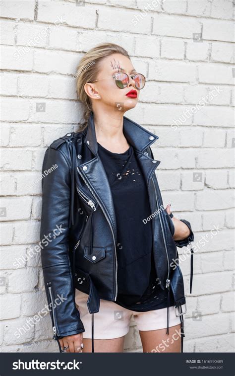 Beautiful Girl Sexy Blonde Jacket Glasses Stock Photo