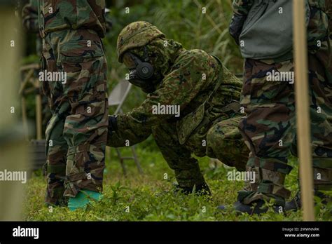 A Japan Ground Self Defence Force Member Participates In A Chemical