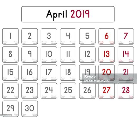 Ilustración De Calendario Del Mes De Abril De 2019 Y Más Vectores