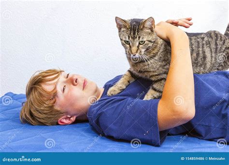 Boy Hugging With His Cat Stock Photo Image Of European 154859486