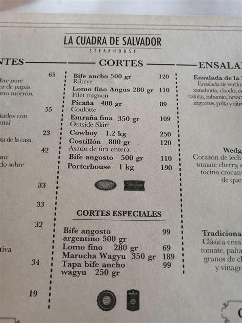 Carta De La Cuadra De Salvador Steakhouse Lima