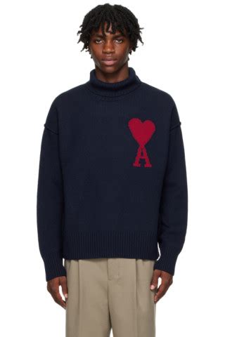 Navy Ami De Cœur Turtleneck by AMI Paris on Sale