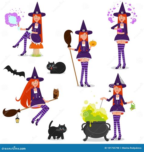 Set Of Funny Witches Isolated Objects On White Background Stock
