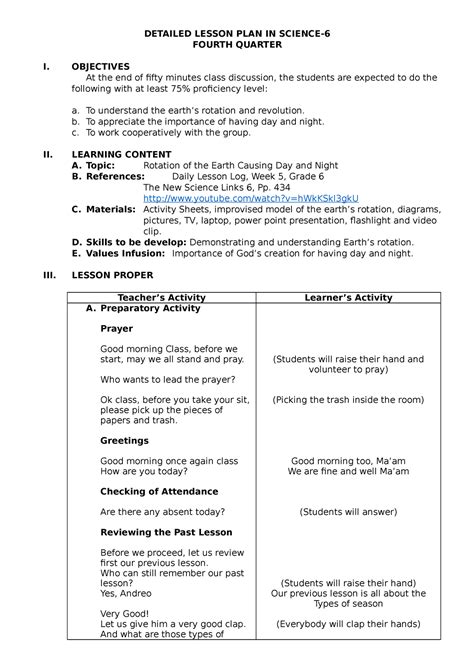 Lesson Plan For Demo Detailed Lesson Plan In Science Fourth Quarter I Objectives At The End