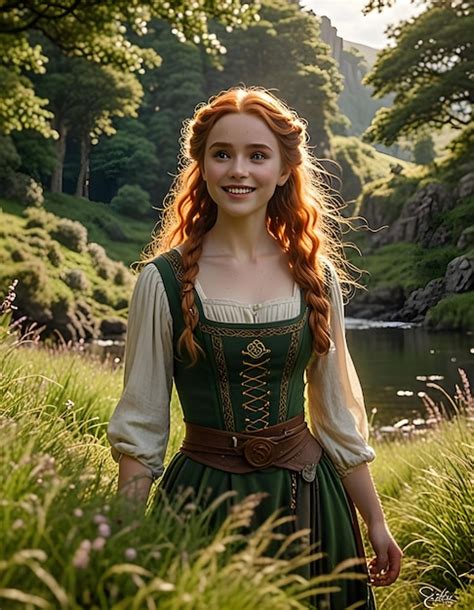 A Woman In A Green Dress Is Standing In A Field With A River In The