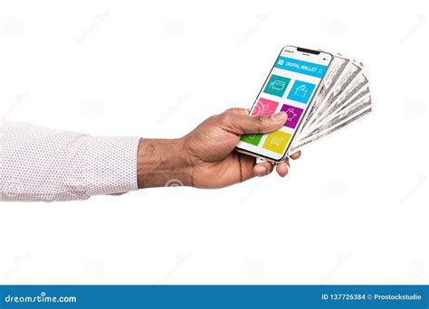 Man Holding Phone With Digital Wallet App And Dollar Cash Stock Photo