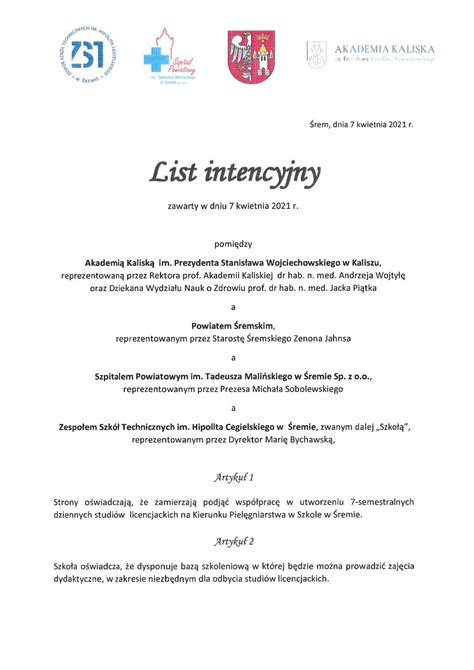 List Intencyjny Zesp Szk Technicznych Im Hipolita Cegielskiego W